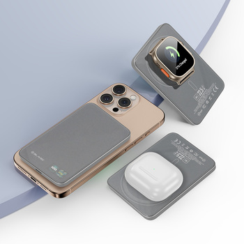 Blavec Power Bank 5000mAh BJ-04 Ultra Slim 7,8mm - Typ C - 22,5W magnetyczny indukcyjny Magsafe 3 w 1 (PBBJ04-MC5G) szary szklany