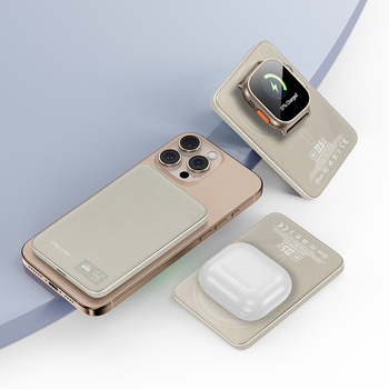 Blavec Power Bank 5000mAh BJ-04 Ultra Slim 7,8mm - Typ C - 22,5W magnetyczny indukcyjny Magsafe 3 w 1 (PBBJ04-MC5GD) złoty szklany