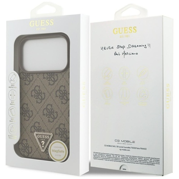 Original Case GUESS Leather 4G Triangle Strass MagSafe for Iphone 17 Pro brown