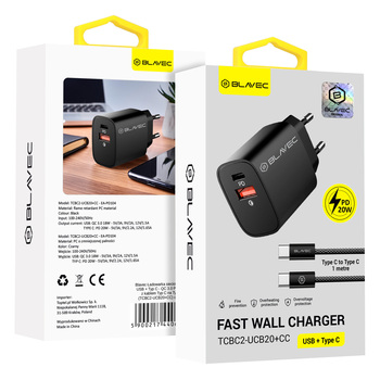 Blavec Ładowarka sieciowa BC-2 - USB + Typ C - QC 3.0 PD 20W z kablem Typ C na Typ C (TCBC2-UCB20+CC) czarna