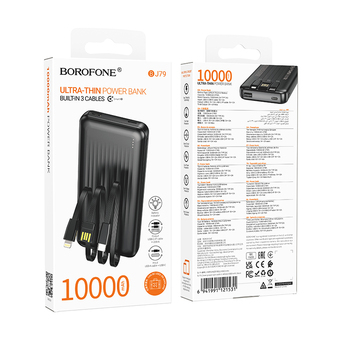 Borofone Power Bank 10000mAh BJ79 Clever - USB - z kablami Typ C i Lightning czarny