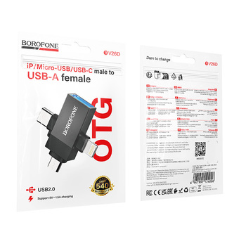 Borofone Adapter BV26D - USB to Lightning/Type C/Micro USB - black