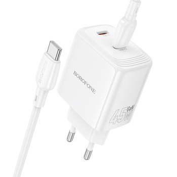 Borofone Ładowarka sieciowa BN31 Cargador GaN - 2xTyp C - QC 3.0 PD 45W z kablem Typ C na Typ C biała