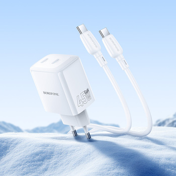 Borofone Ładowarka sieciowa BN31 Cargador GaN - 2xTyp C - QC 3.0 PD 45W z kablem Typ C na Typ C biała