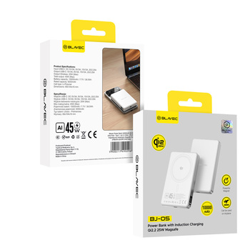 Blavec Power Bank 10000mAh BJ-05 Ultra Fast 16mm - Typ C - Qi2.2 25W + PD 45W magnetyczny indukcyjny Magsafe 2 w 1 (PBBJ05-QI22MC10W) biały aluminium