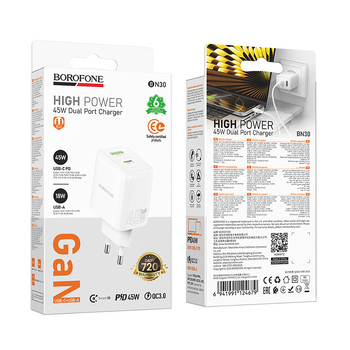 Borofone Wall charger BN30 Cargador GaN - USB + Type C - QC 3.0 PD 45W white