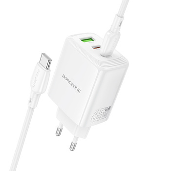 Borofone Ładowarka sieciowa BN32 Cargador GaN - USB + 2xTyp C - QC 3.0 PD 65W z kablem Typ C na Typ C biała