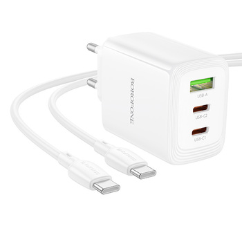 Borofone Ładowarka sieciowa BN32 Cargador GaN - USB + 2xTyp C - QC 3.0 PD 65W z kablem Typ C na Typ C biała