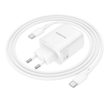 Borofone Ładowarka sieciowa BN32 Cargador GaN - USB + 2xTyp C - QC 3.0 PD 65W z kablem Typ C na Typ C biała
