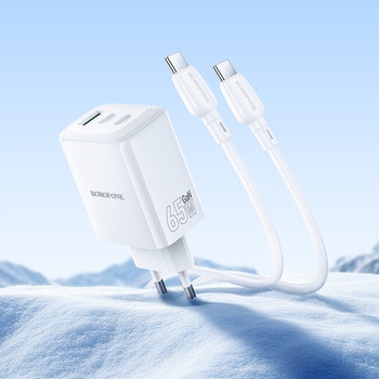 Borofone Ładowarka sieciowa BN32 Cargador GaN - USB + 2xTyp C - QC 3.0 PD 65W z kablem Typ C na Typ C biała