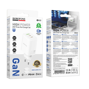 Borofone Ładowarka sieciowa BN32 Cargador GaN - USB + 2xTyp C - QC 3.0 PD 65W z kablem Typ C na Typ C biała