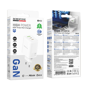 Borofone Ładowarka sieciowa BN32 Cargador GaN - USB + 2xTyp C - QC 3.0 PD 65W biała