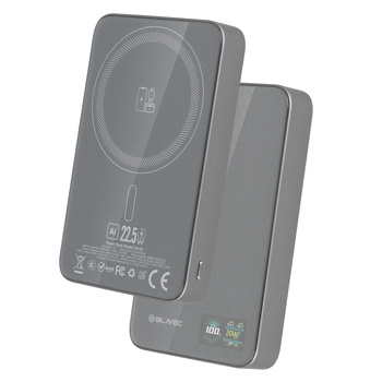Blavec Power Bank 10000mAh BJ-04 Slim 13,5mm - Typ C - 22,5W magnetyczny indukcyjny Magsafe 3 w 1 (PBBJ04-MC10G) szary szklany
