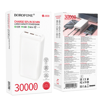 Borofone Power Bank 30000mAh BJ80B Clever - 2xUSB + Typ C - QC 3.0 22,5W PD 20W biały