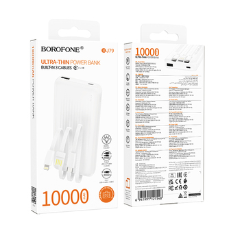 Borofone Power Bank 10000mAh BJ79 Clever - USB -  z kablami Typ C i Lightning biały