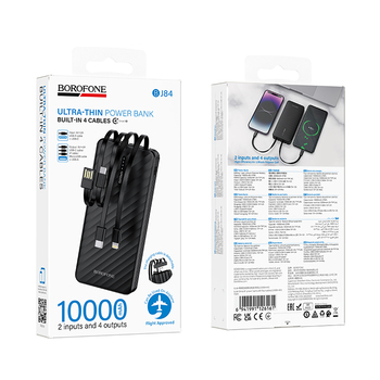 Borofone Power Bank 10000mAh BJ84 Smooth - USB - z kablami USB, Typ C, Lightning i Micro USB czarny
