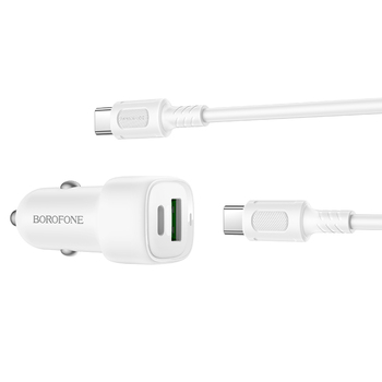 Borofone Ładowarka samochodowa BZ34B Cloud - USB + Typ C - QC 3.0 PD 38W z kablem Typ C na Typ C biała
