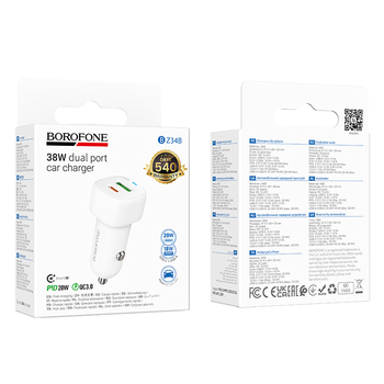 Borofone Ładowarka samochodowa BZ34B Cloud - USB + Typ C - QC 3.0 PD 38W biała