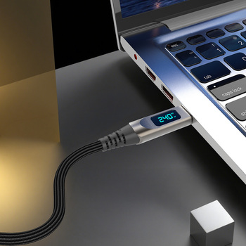 Blavec Kabel Lumix pleciony - Typ C na Typ C - PD 240W 5A wyświetlacz LED 1,2 metra Apple CarPlay/Android Auto (CLU-CC5BG12) czarno-szary