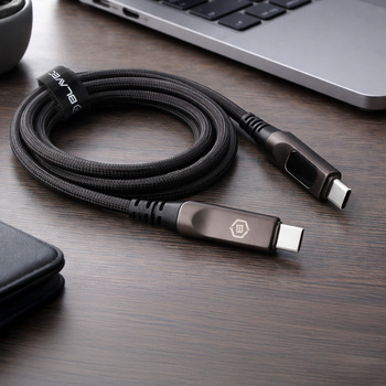 Blavec Kabel Lumix pleciony - Typ C na Typ C - PD 100W 5A wyświetlacz LED 1,2 metra Apple CarPlay/Android Auto (CLU-CC5BG12) czarno-szary