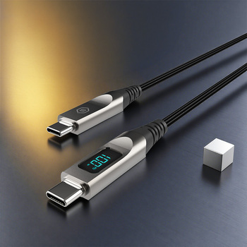 Blavec Kabel Lumix pleciony - Typ C na Typ C - PD 100W 5A wyświetlacz LED 1,2 metra Apple CarPlay/Android Auto (CLU-CC5BG12) czarno-szary