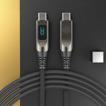 Blavec Kabel Lumix pleciony - Typ C na Typ C - PD 100W 5A wyświetlacz LED 1,2 metra Apple CarPlay/Android Auto (CLU-CC5BG12) czarno-szary