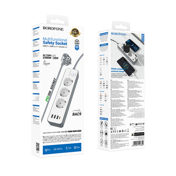 Borofone Power strip BAC9 - 3 outlets 240V + 3xUSB + Type C - PD 20W 2 metres black
