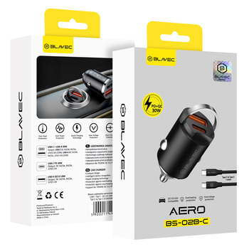 Blavec Ładowarka samochodowa BS-02B-C Aero - USB + Typ C - QC 3.0 18W PD 30W z kablem Typ C na Typ C (CCBS02BCA-UCB) czarna
