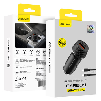 Blavec Ładowarka samochodowa BS-03B-C Carbon - USB + Typ C - QC 3.0 48W z kablem Typ C na Typ C (CCBS03BC-UCB) czarna