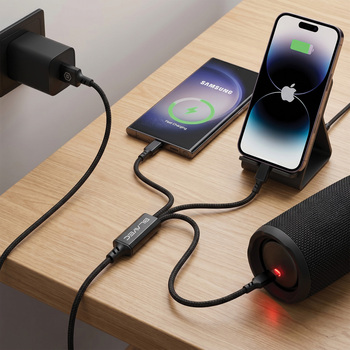 Blavec Kabel Trixo pleciony - USB na 2xTyp C + Lightning - QC 18W PD60W 3A 1,3 metra (CTR-U2CL3B13) czarny