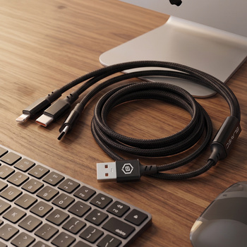 Blavec Kabel Trixo pleciony - USB na 2xTyp C + Lightning - QC 18W PD60W 3A 1,3 metra (CTR-U2CL3B13) czarny