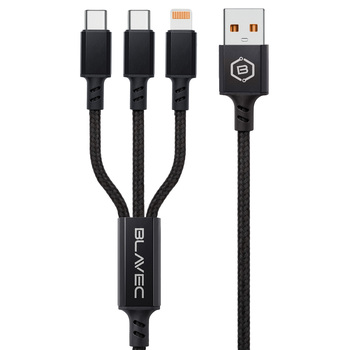 Blavec Kabel Trixo pleciony - USB na 2xTyp C + Lightning - QC 18W PD60W 3A 1,3 metra (CTR-U2CL3B13) czarny
