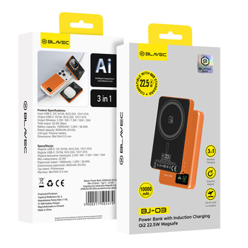 Blavec Power Bank 10000mAh BJ-03 Slim 13,5mm - Typ C - 22,5W magnetyczny indukcyjny Magsafe 3 w 1 (PBBJ03-MC10O) pomarańczowy aluminium