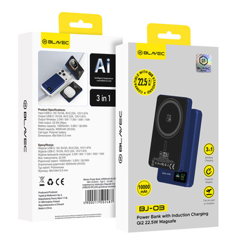 Blavec Power Bank 10000mAh BJ-03 Slim 13,5mm - Typ C - 22,5W magnetyczny indukcyjny Magsafe 3 w 1 (PBBJ03-MC10N) granatowy aluminium