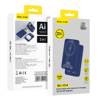 Blavec Power Bank 10000mAh BJ-04 Slim 13,5mm - Typ C - 22,5W magnetyczny indukcyjny Magsafe 3 w 1 (PBBJ04-MC10N) granatowy szklany