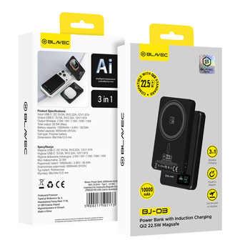 Blavec Power Bank 10000mAh BJ-03 Slim 13,5mm - Typ C - 22,5W magnetyczny indukcyjny Magsafe 3 w 1 (PBBJ03-MC10B) czarny aluminium