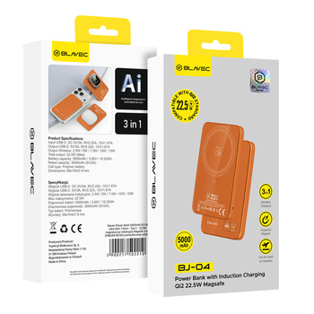 Blavec Power Bank 5000mAh BJ-04 Ultra Slim 7,8mm - Typ C - 22,5W magnetyczny indukcyjny Magsafe 3 w 1 (PBBJ04-MC5O) pomarańczowy szklany