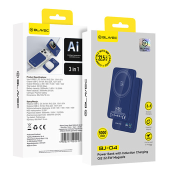 Blavec Power Bank 5000mAh BJ-04 Ultra Slim 7,8mm - Typ C - 22,5W magnetyczny indukcyjny Magsafe 3 w 1 (PBBJ04-MC5N) granatowy szklany