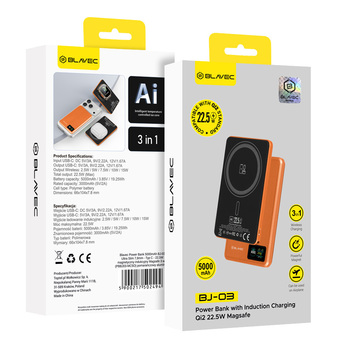 Blavec Power Bank 5000mAh BJ-03 Ultra Slim 7,8mm - Typ C - 22,5W magnetyczny indukcyjny Magsafe 3 w 1 (PBBJ03-MC5O) pomarańczowy aluminium