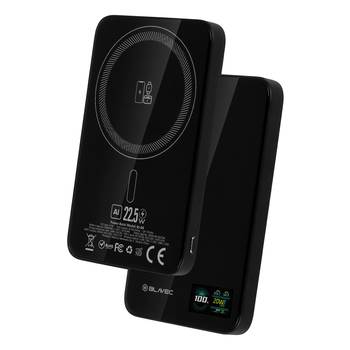 Blavec Power Bank 5000mAh BJ-04 Ultra Slim 7,8mm - Typ C - 22,5W magnetyczny indukcyjny Magsafe 3 w 1 (PBBJ04-MC5B) czarny szklany