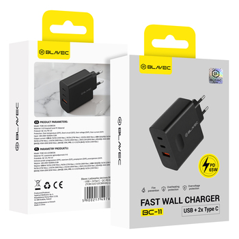Blavec Ładowarka sieciowa BC-11 GaN - USB + 2xTyp C - QC PD 65W 3A (TCBC11G-U2CB653A) czarna