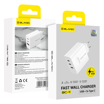 Blavec Ładowarka sieciowa BC-11 GaN - USB + 2xTyp C - QC PD 65W 3A (TCBC11G-U2CW653A) biała