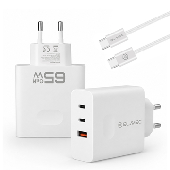 Blavec Ładowarka sieciowa BC-11 GaN - USB + 2xTyp C - QC PD 65W 3A z kablem Typ C na Typ C (TCBC11G-U2CW653A) biała