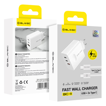 Blavec Ładowarka sieciowa BC-11 GaN - USB + 2xTyp C - QC PD 65W 3A z kablem Typ C na Typ C (TCBC11G-U2CW653A) biała