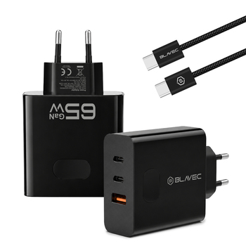 Blavec Ładowarka sieciowa BC-11 GaN - USB + 2xTyp C - QC PD 65W 3A z kablem Typ C na Typ C (TCBC11G-U2CB653A) czarna