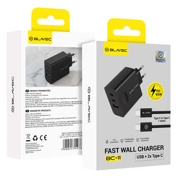 Blavec Ładowarka sieciowa BC-11 GaN - USB + 2xTyp C - QC PD 65W 3A z kablem Typ C na Typ C (TCBC11G-U2CB653A) czarna