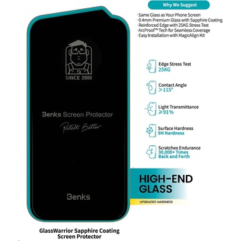 Benks Hartowane szkło Glass Warrior Sapphire Coating do Iphone 14 Pro Max/15 Plus/16 Plus czarne