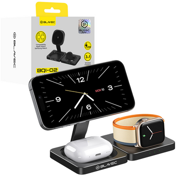 Blavec Ładowarka indukcyjna BQI-02 Qi 15W magnetyczna Magsafe 3 w 1 Apple/Samsung Watch (BQI02-QIMB) czarna (Uszkodzone Opakowanie)
