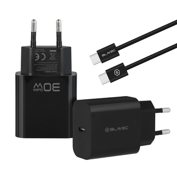 Blavec Ładowarka sieciowa BC-14 GaN4 - Typ C - PD QC 30W 3A z kablem Typ C na Typ C (TCBC14G4-CB303A+CC) czarna