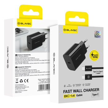 Blavec Ładowarka sieciowa BC-14 GaN4 - Typ C - PD QC 30W 3A z kablem Typ C na Typ C (TCBC14G4-CB303A+CC) czarna